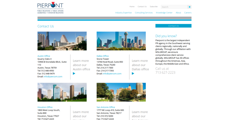 Contact page of #2 Leading PR Business: Pierpont Communications