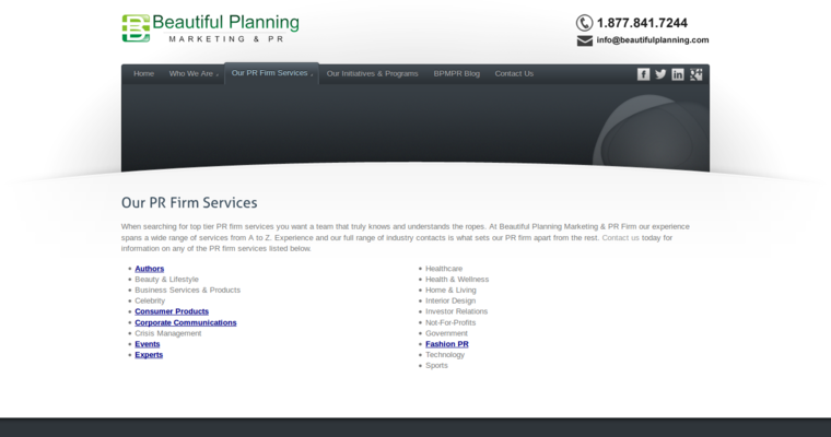 Service page of #11 Leading Public Relations Business: Beautiful Planning
