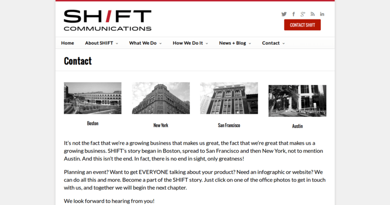 Contact page of #18 Leading PR Agency: Shift Communications