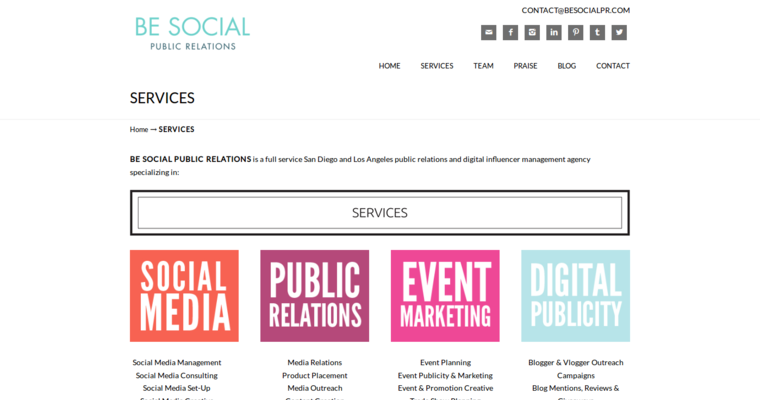 Service page of #7 Leading Public Relations Business: Be Social PR