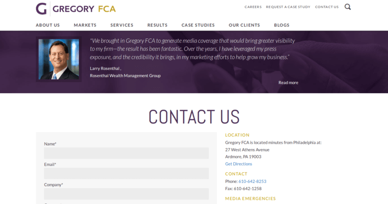 Contact page of #17 Top Public Relations Business: Gregory FCA