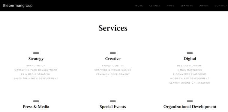 Services page of #10 Leading Finance Public Relations Agency: The Berman Group
