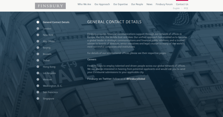 Contact page of #8 Leading Finance PR Firm: Finsbury