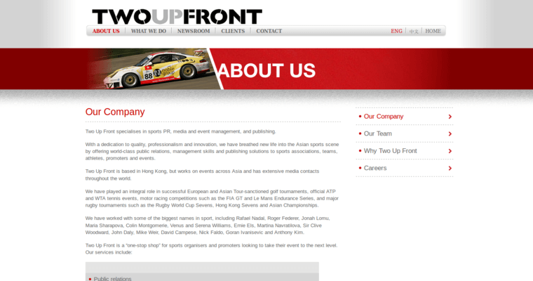 Company page of #8 Leading Hong Kong Public Relations Business: Two Up Front