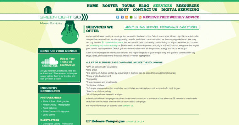 Service page of #7 Leading Music Public Relations Agency: Green Light Go