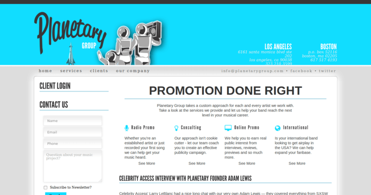 Home page of #1 Leading Music PR Agency: Planetary Group
