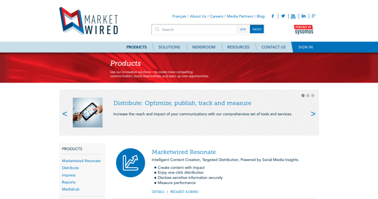 Products page of #4 Best Press Release Service: Market Wired