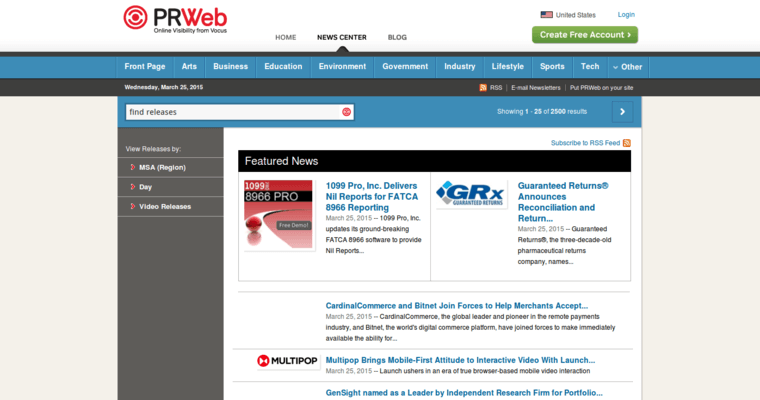 News page of #1 Leading Press Release Service: PR Web