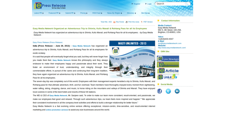 Work page of #9 Best Press Release Service: Easy-Press Release