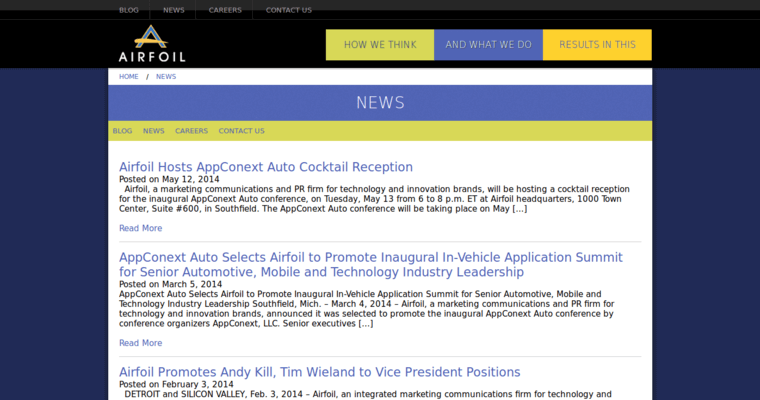 News page of #11 Leading PR Company: Airfoil Public Relations 