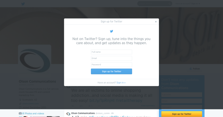 Twitter page for #19 Top PR Agency: Olson Communications