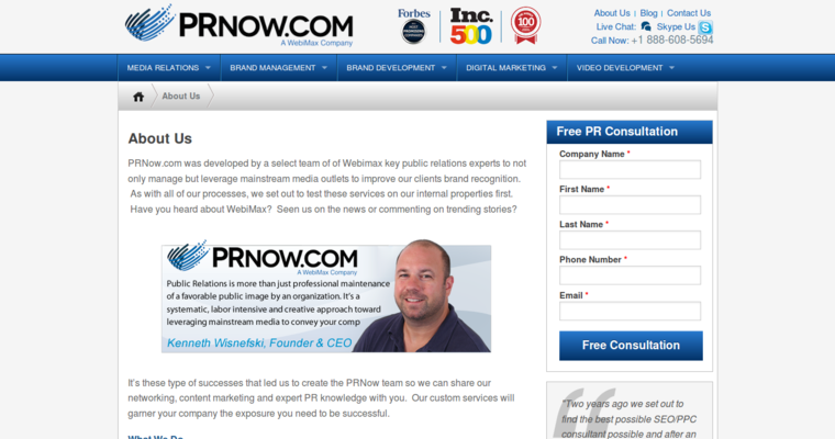 About page for #11 Top Public Relations Company - PRNow