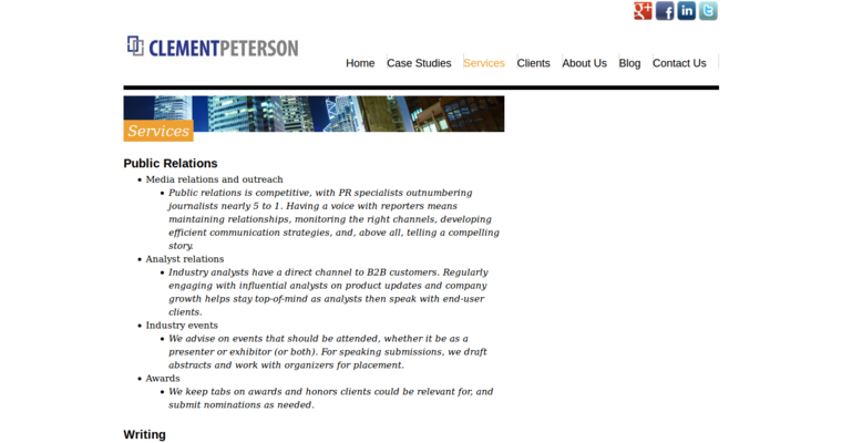 Service page of #15 Leading PR Company: Clement Peterson