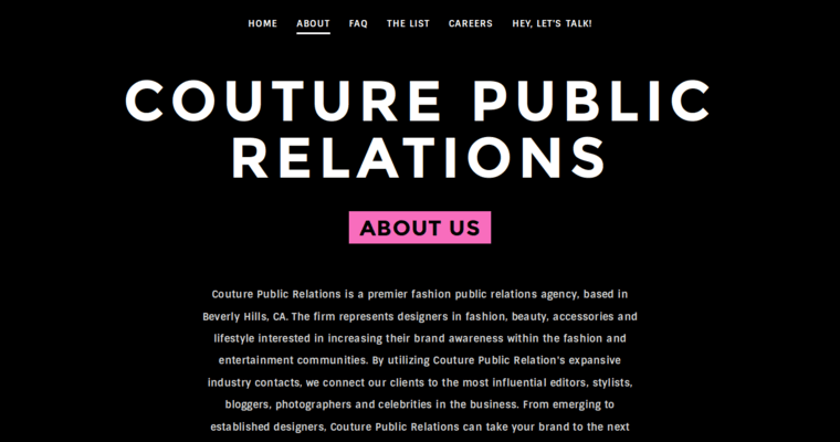 About page of #10 Leading Public Relations Business: Couture Public Relations