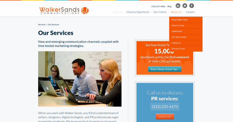 Services page of #4 Top Chicago PR Business: Walker Sands