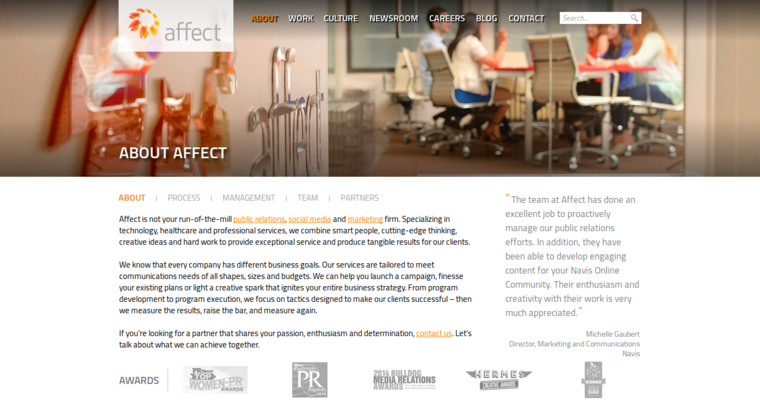 About page of #9 Leading Corporate PR Company: Affect
