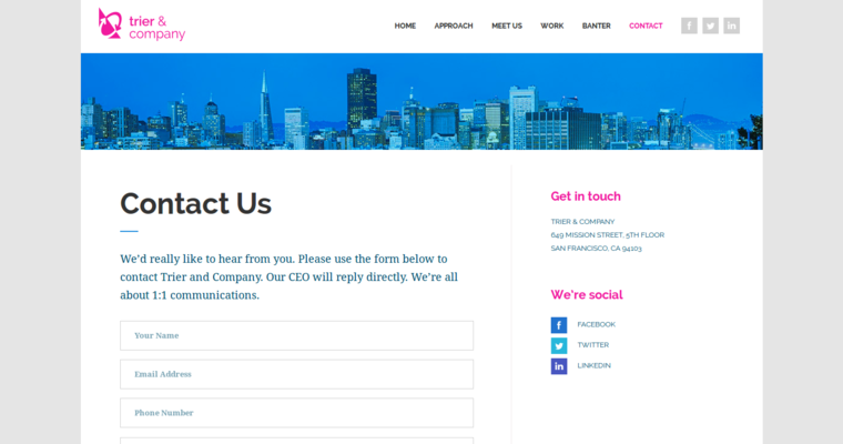 Contact page of #3 Best Corporate PR Firm: Trier & Co