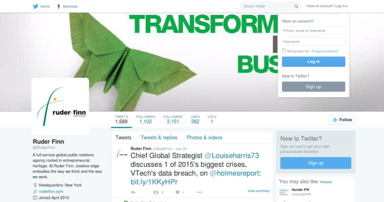 Twitter page of #7 Top Corporate PR Firm: Ruder Finn