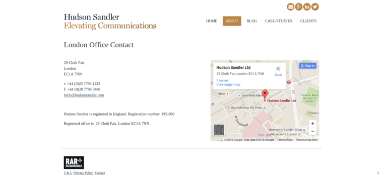 Contact page of #2 Top Corporate PR Company: Hudson Sandler