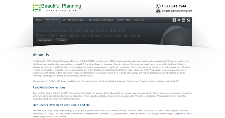 About page of #5 Leading Digital PR Business: Beautiful Planning