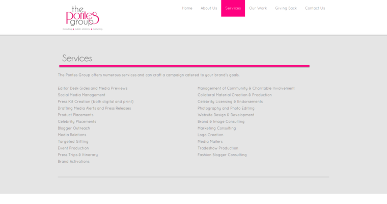 Service page of #10 Top Beauty Public Relations Business: The Pontes Group