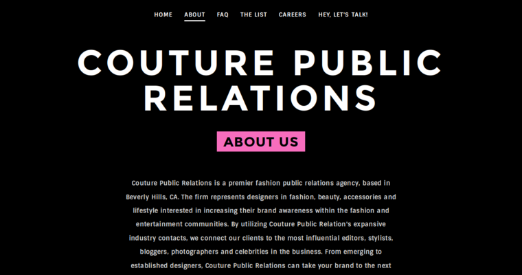 About page of #1 Leading Beauty Public Relations Business: Couture Public Relations