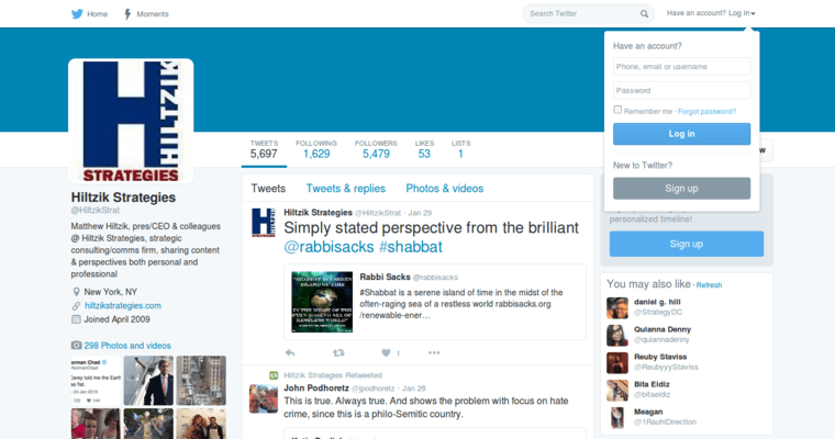 Twitter page of #9 Leading Finance PR Business: Hiltzik Strategies