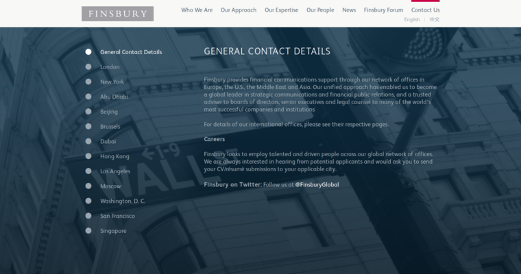 Contact page of #8 Leading Finance PR Agency: Finsbury