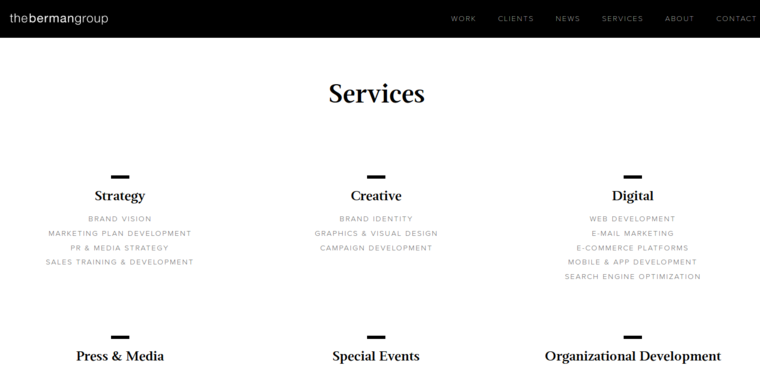 Services page of #10 Top Finance Public Relations Agency: The Berman Group