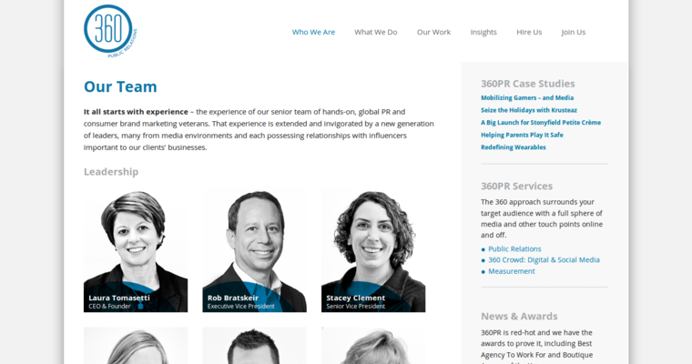 Team page of #1 Leading Health PR Agency: 360 PR