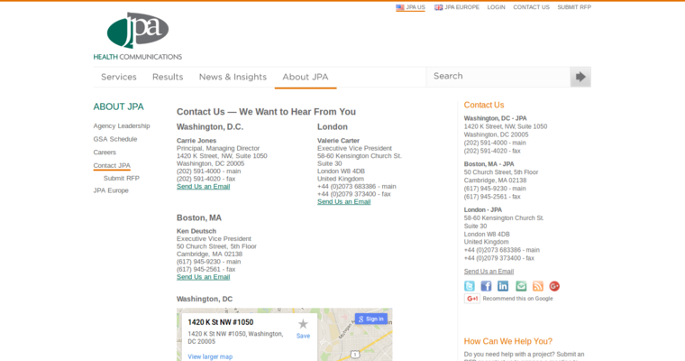 Contact page of #6 Leading Health Public Relations Firm: JPA PR