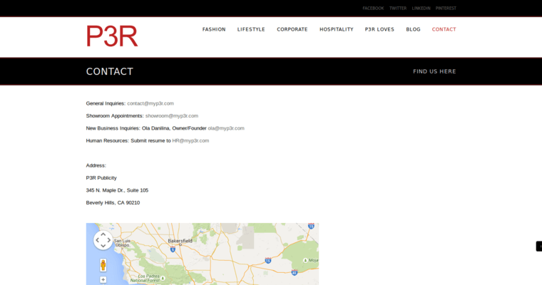 Contact page of #9 Top Los Angeles PR Business: P3R