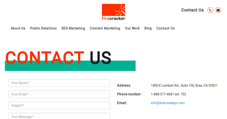 Contact page of #2 Top LA PR Firm: Firecracker PR