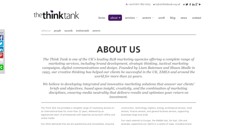 About page of #8 Top London PR Business: The Think Tank