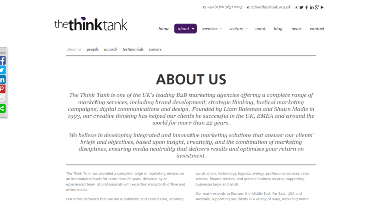 About page of #8 Top London PR Agency: The Think Tank