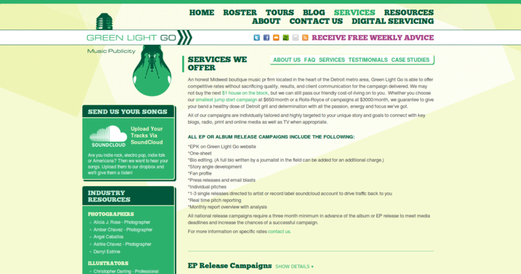 Service page of #7 Best Music PR Business: Green Light Go