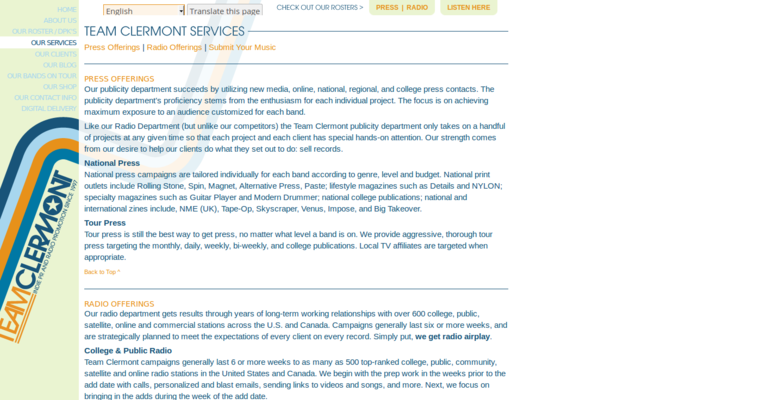 Service page of #10 Best Music PR Firm: Team Clermont