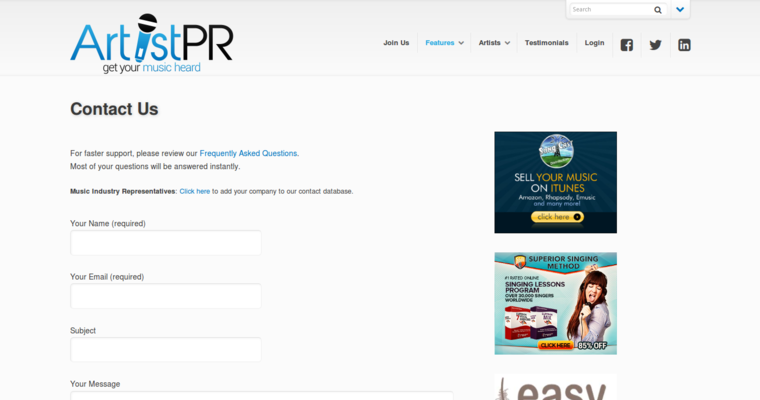 Contact page of #7 Top Music Public Relations Business: Artist PR