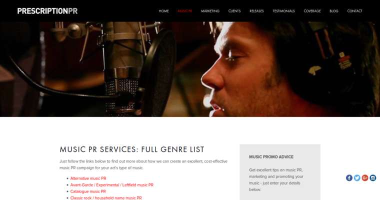 Service page of #1 Top Music PR Firm: Prescription PR