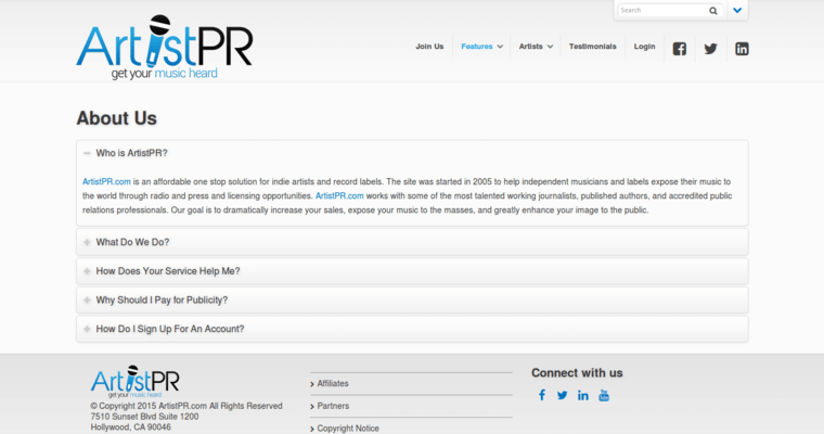 About page of #6 Best Music PR Firm: Artist PR