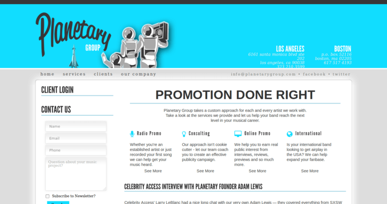 Home page of #1 Best Music PR Agency: Planetary Group