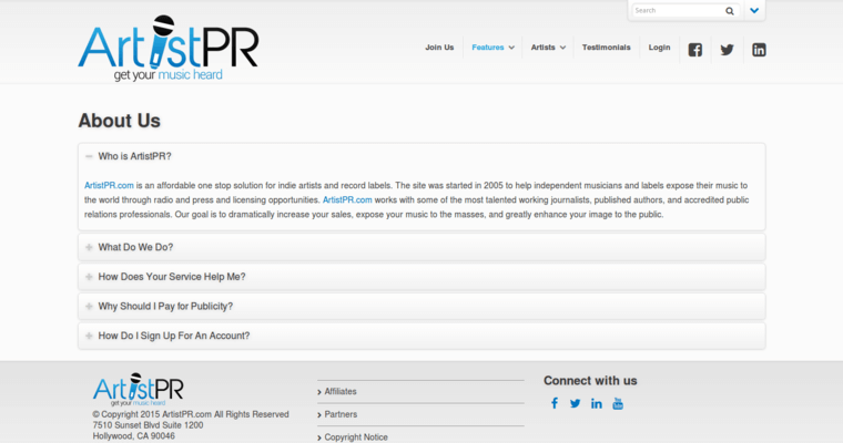 About page of #6 Top Music PR Firm: Artist PR