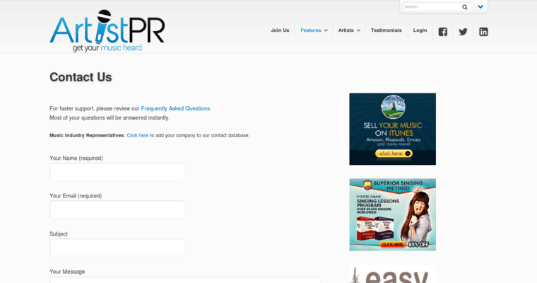 Contact page of #6 Best Music PR Firm: Artist PR