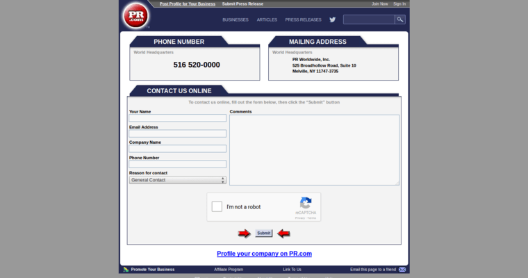 Contact page of #6 Best Press Release Service: PR.com