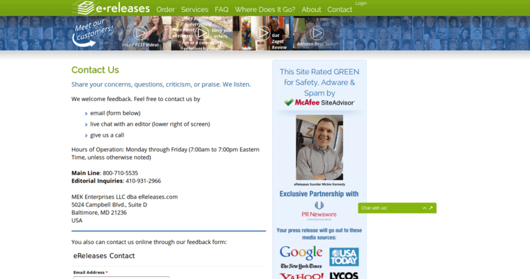 Contact page of #5 Best Press Release Service: eReleases
