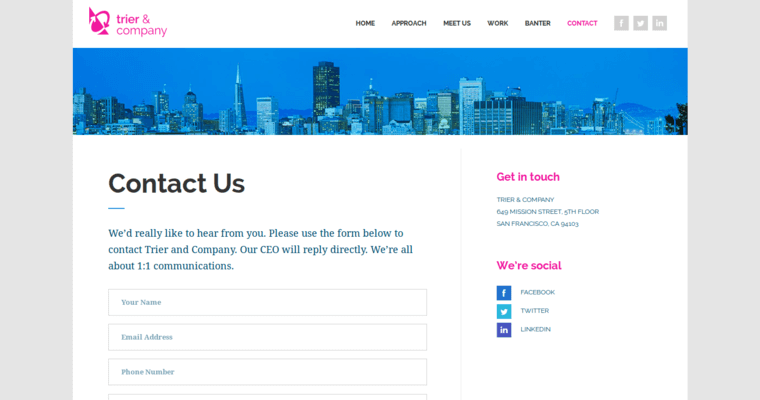 Contact page of #2 Leading SF PR Company: Trier & Co