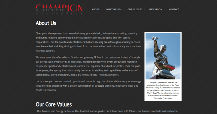 About page of #3 Top Sports PR Company: Champion Management