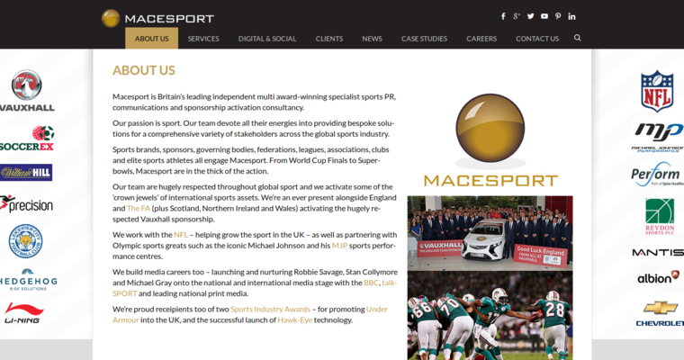About page of #10 Top Sports Public Relations Company: Macesport