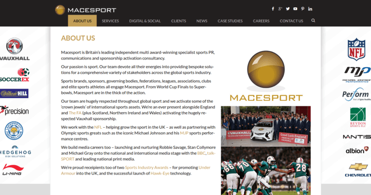 About page of #9 Leading Sports PR Business: Macesport