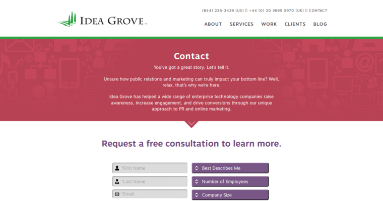 Contact page of #6 Leading Public Relations Company: Idea Grove